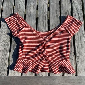 American Eagle Cropped Off the Shoulder Red and White Striped Cropped Shirt